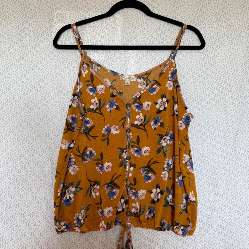 Lavish Women Mustard Floral Print‎ Tie Front Cami Tank Top Size L